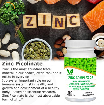 VITARUHE® Chelated Zinc Picolinate & Bisglycinate Complex with Copper, Zinc for Immune, Skin and Cellular Health, High Absorption, Non-GMO, 90 Capsules