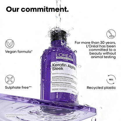 L’Oréal Professionnel Keratin Alpha Sleek Shampo for Frizz Control & Smoothness | Sulfate free formula for hair smoothness | Professional shampoo with Keratin alpha shaper,amino acid chains | 250 ml