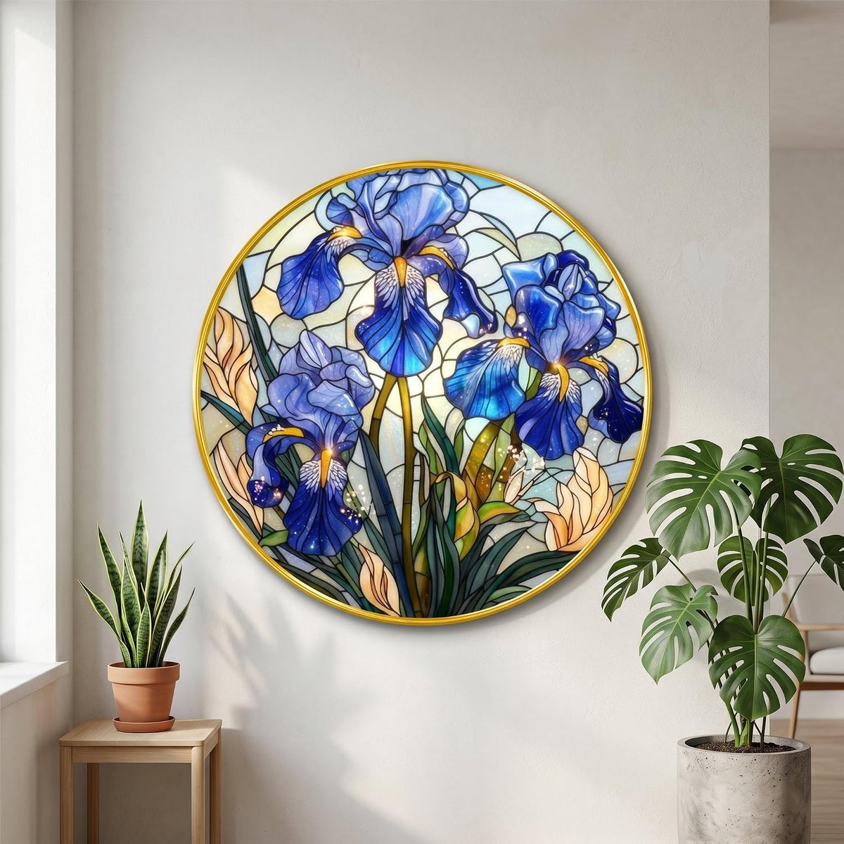 Blue Iris Flower Wall Painting with Golden PVC Frame Round Floral Art Stained Glass Style Modern Decor for Living Room Bedroom Office Home Decorative Gift Item (16 x 16 Inch) GRM-361