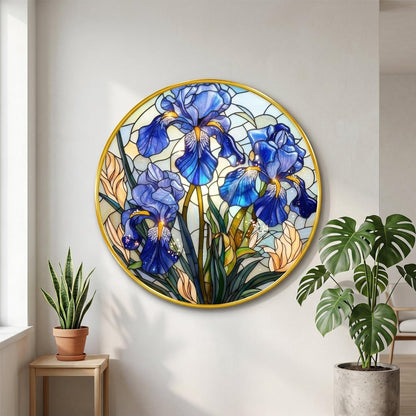 Blue Iris Flower Wall Painting with Golden PVC Frame Round Floral Art Stained Glass Style Modern Decor for Living Room Bedroom Office Home Decorative Gift Item (16 x 16 Inch) GRM-361
