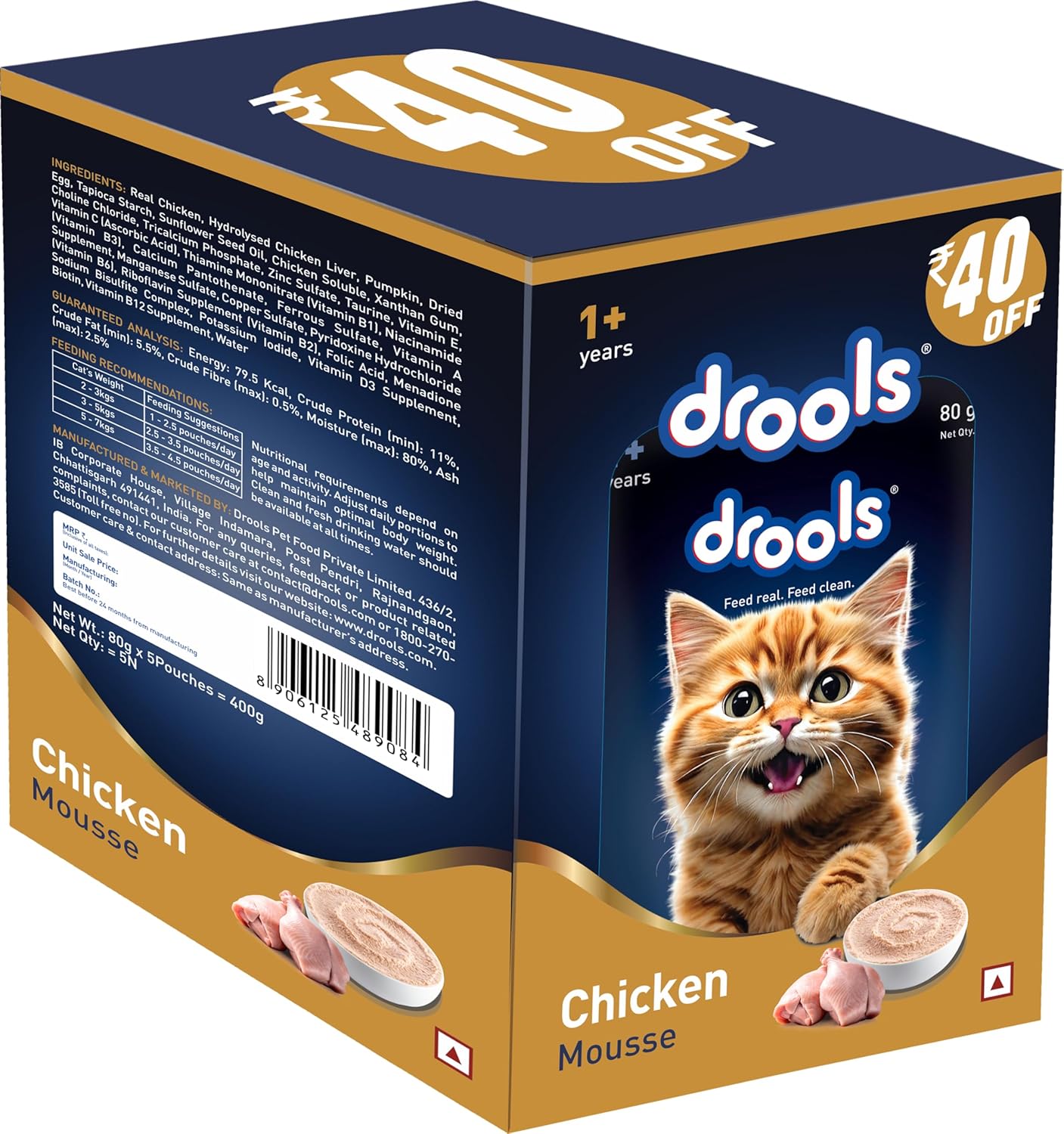 Drools Adult Cat Wet Mousse 80g Pack of 5, 400g | Chicken Flavour | Rich in Protein | Promotes Hydration & Easy to Digest| No Artificial Flavours | Packed with Essential Vitamins & Antioxidants