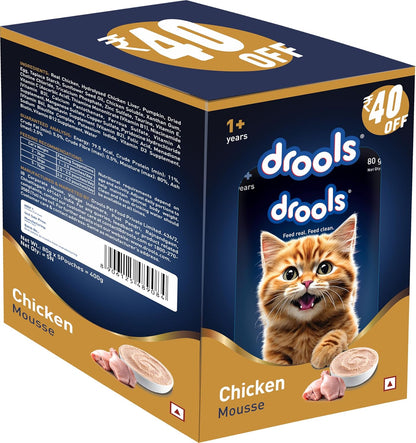 Drools Adult Cat Wet Mousse 80g Pack of 5, 400g | Chicken Flavour | Rich in Protein | Promotes Hydration & Easy to Digest| No Artificial Flavours | Packed with Essential Vitamins & Antioxidants