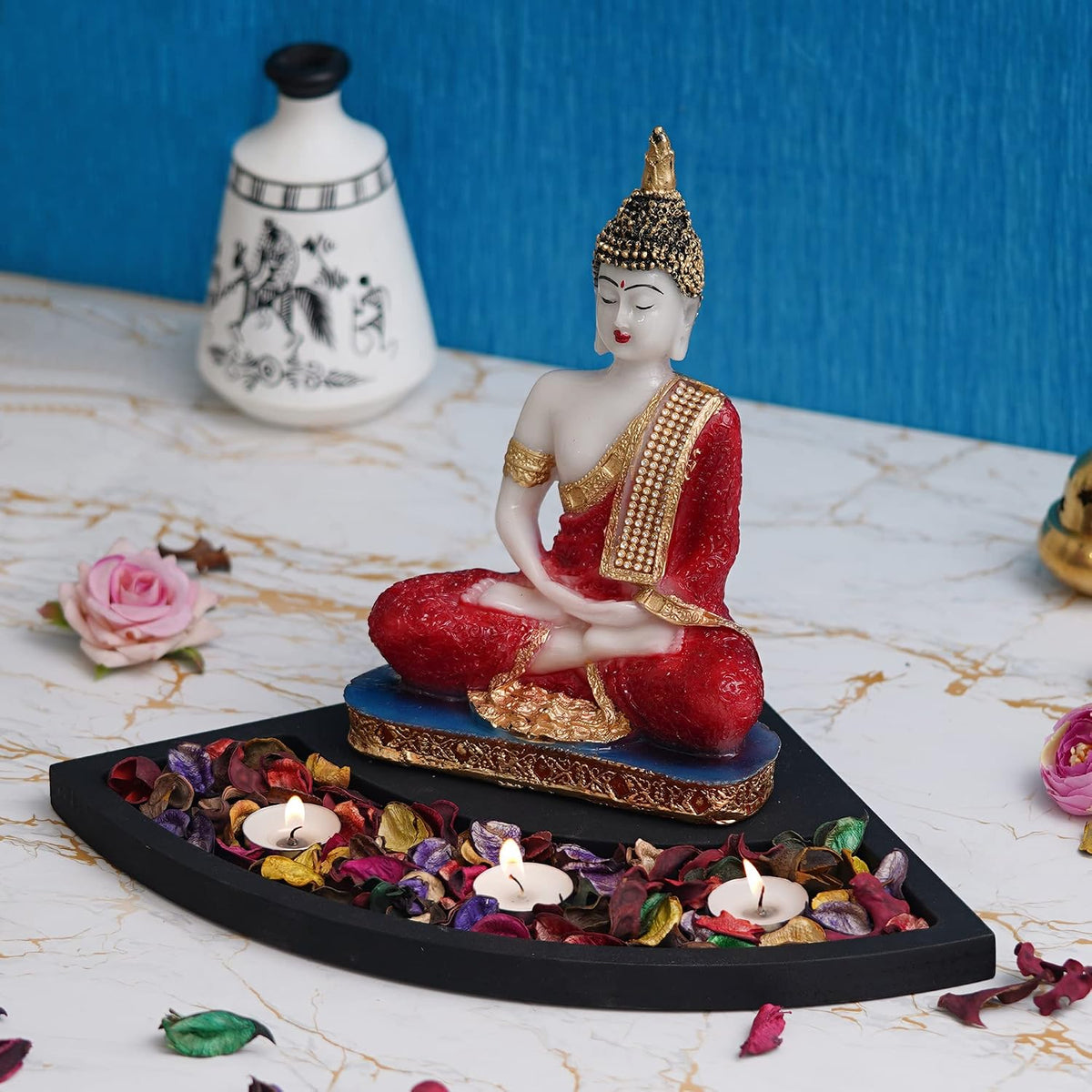 Red Resin Meditating Lord Buddha Statue Tea Light Candle Holder| Buddha Idol Tealight Holder| Diwali Decoration Item for Home Decor| Buddha Showpiece Gift for Diwali Housewarming Birthday
