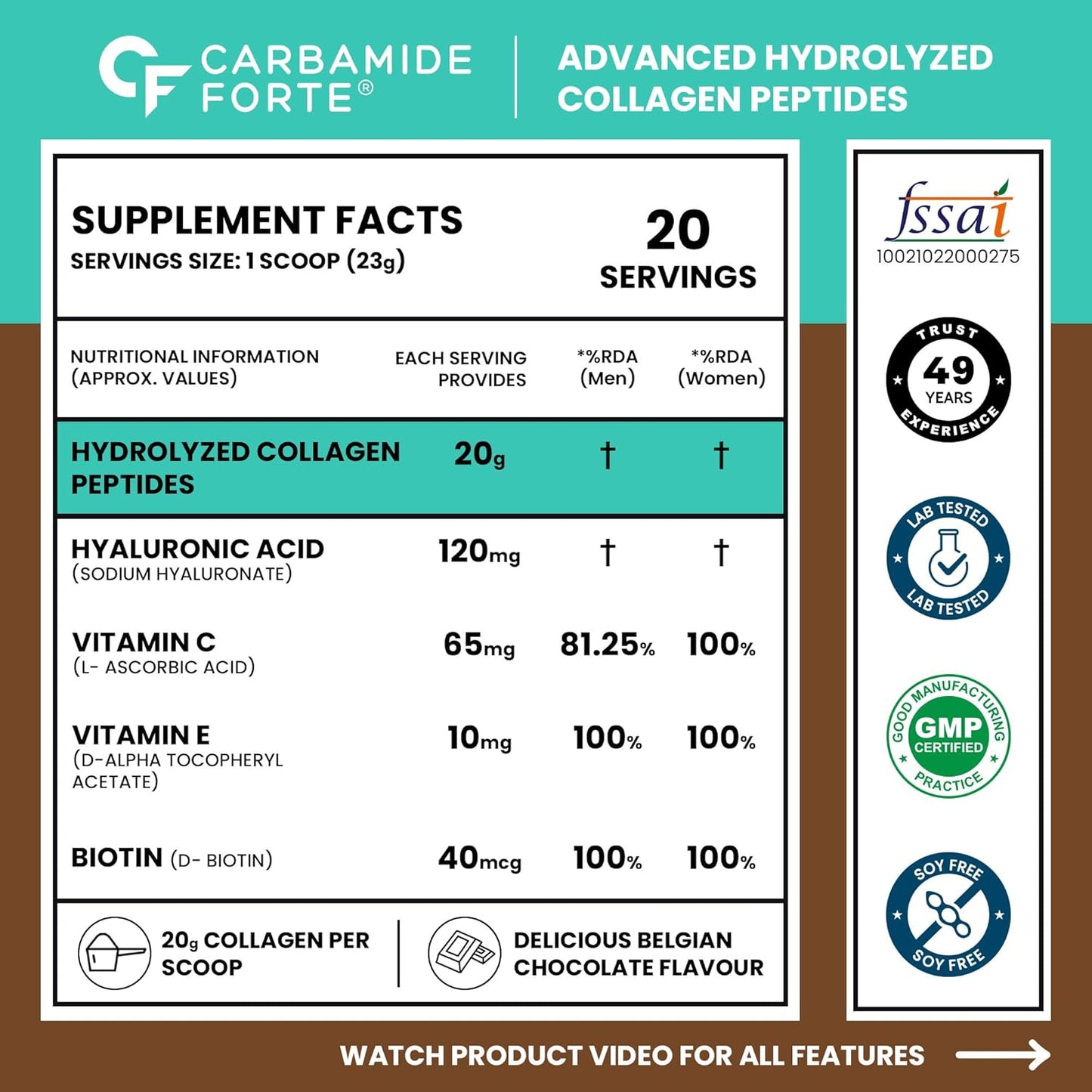 Carbamide Forte Hydrolyzed Collagen Supplements | Collagen Powder for Women & Men with 20g Peptides + 18g Protein Per Scoop | Type I & III with Hyaluronic Acid, Biotin, Vitamin C & E | Belgian Chocolate Flavour | 460g