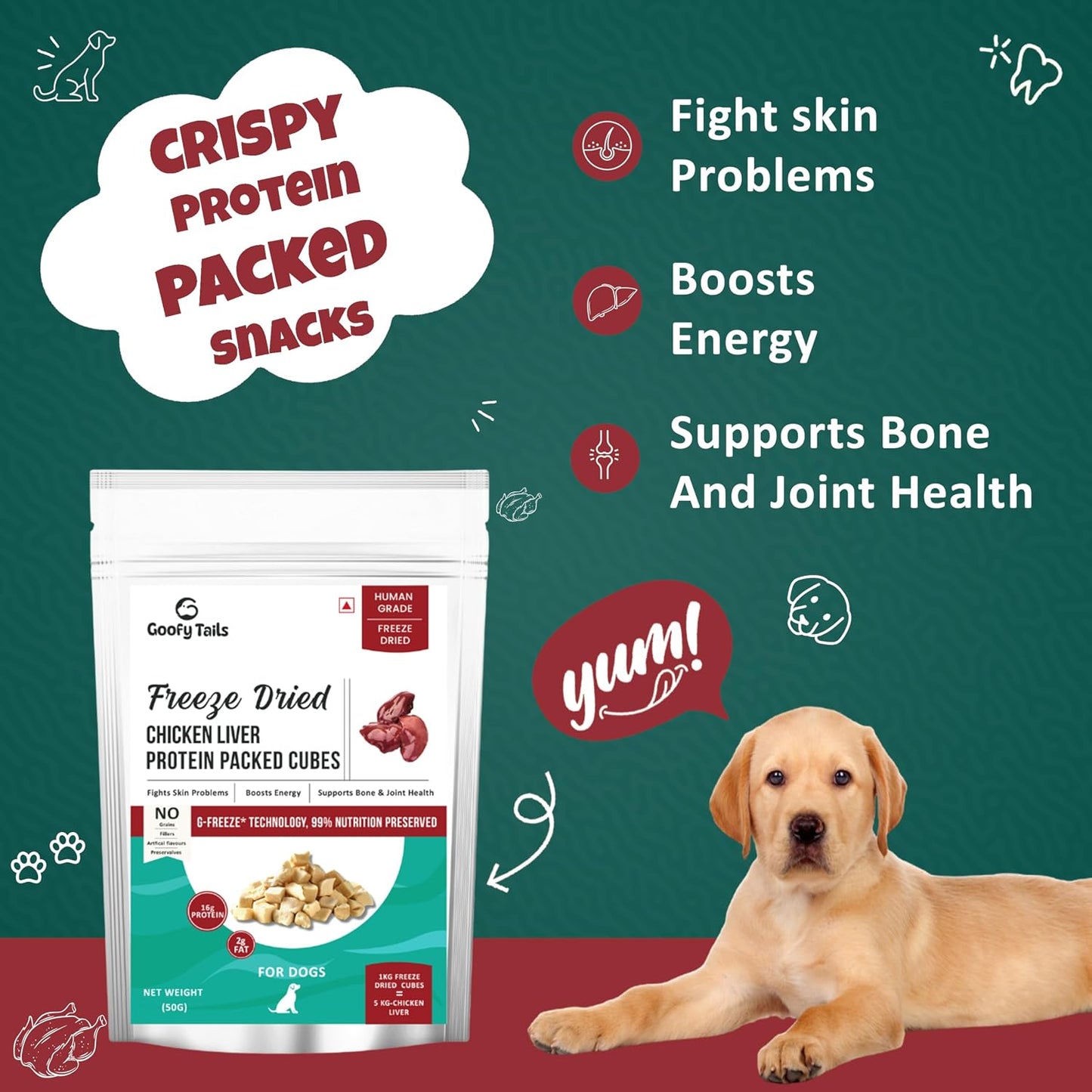 Goofy Tails Freeze Dried Chicken Liver Chunk Dog Treats 50g, Single Ingredient Chicken Dog Treat, Gluten and Grain Free Treats for Dogs, Easy to Digest Puppy Treat