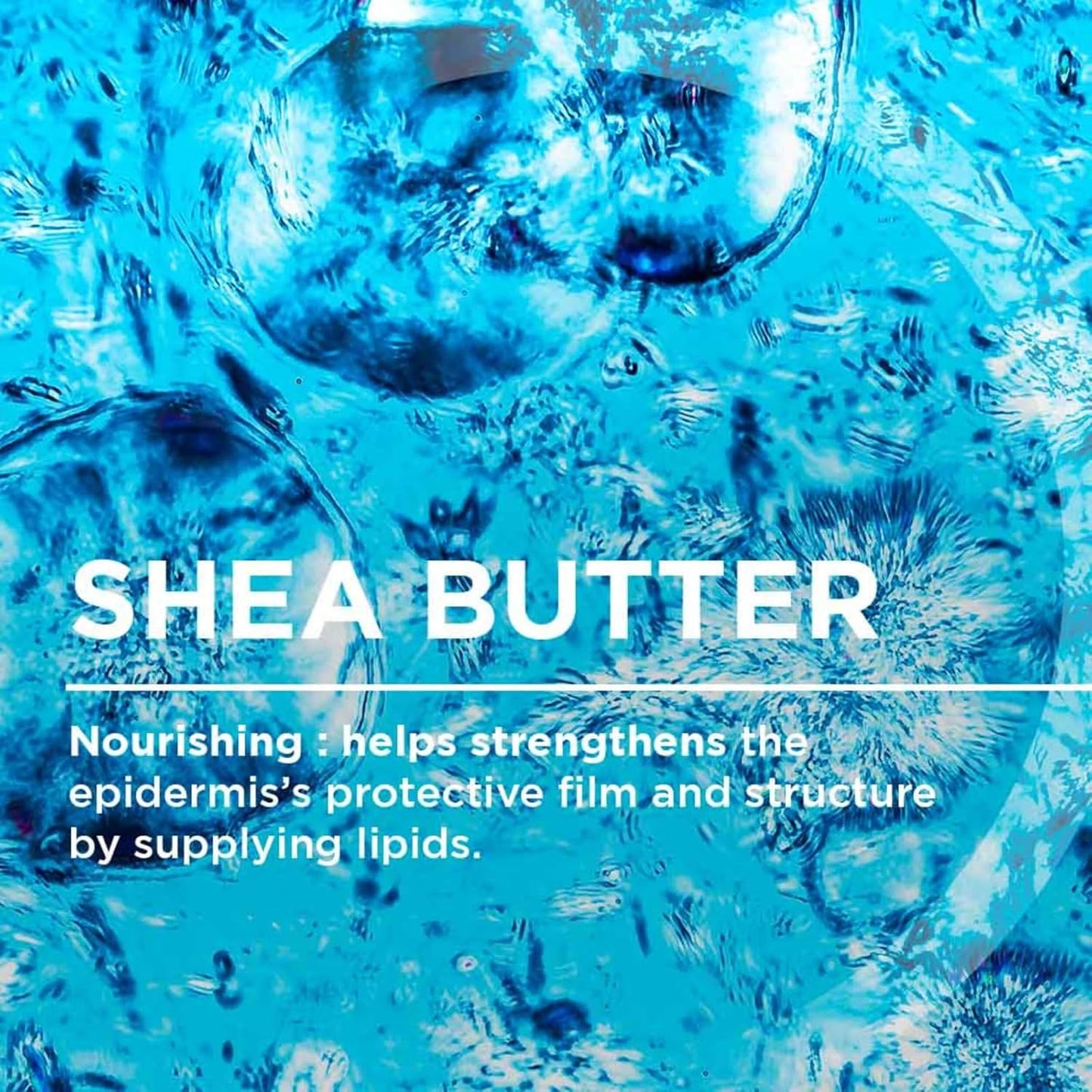 Shea butter with a blue, icy texture and text about its benefits.