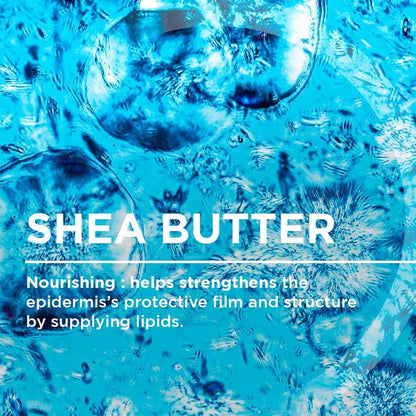 Shea butter with a blue, icy texture and text about its benefits.