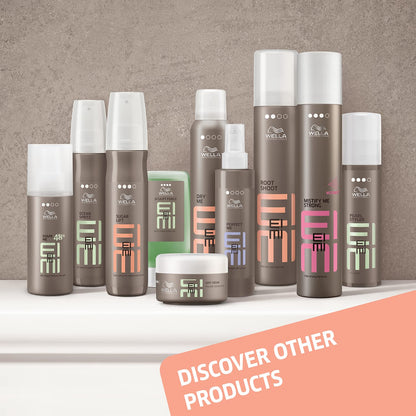 Collection of Wella hair care products on a gray background with promotional text.