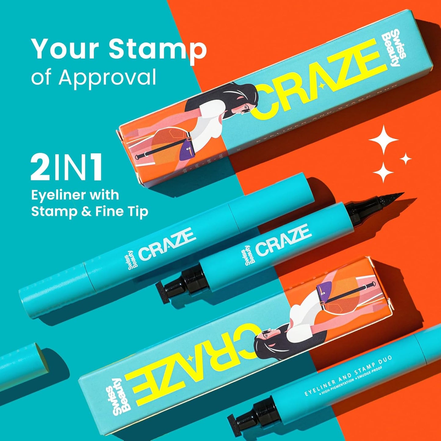 Craze 2-in-1 eyeliner with stamp and fine tip on a colorful background