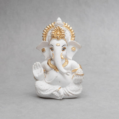 Lord Ganesha Idol for Car Dashboard, Home Decor & Pooja | Resin Gold Plated Ganpati Murti | 3.5 Inch Ganesh Statue for Gift, Diwali, Housewarming, Baby Shower, Mandir Decor, White, Pack -1