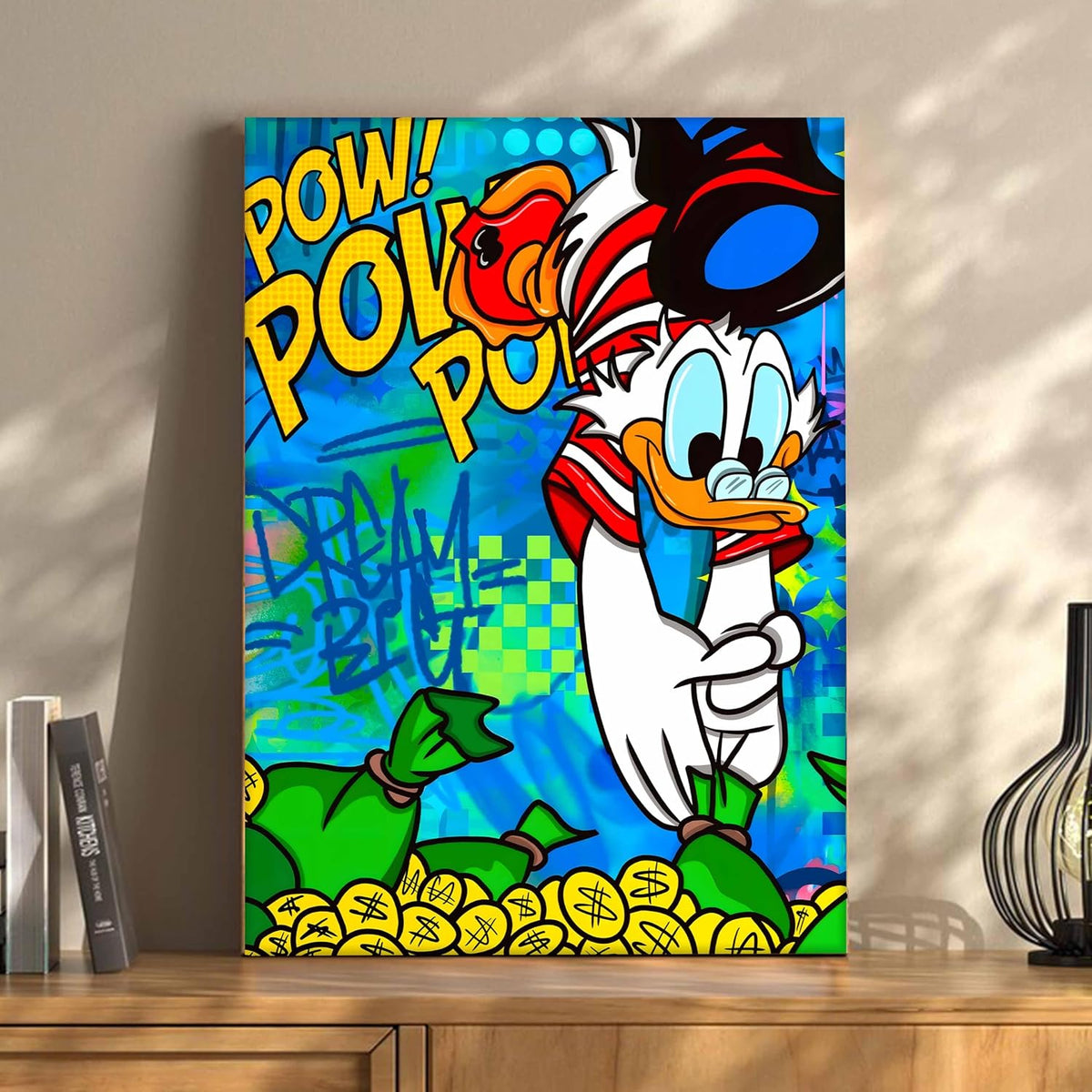 Pop Art Cartoon Duck Money Canvas Wall Art Painting For Living Room | Comic Graffiti Style Art Print Painting | Modern Street Wall Art for Home & Office, 41x56 cm