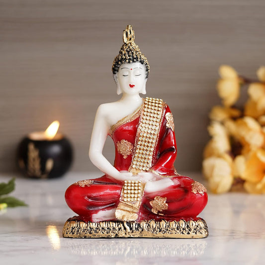 White, Red & Golden Polyresin Handcrafted Meditating Lord Buddha Statue - Perfect For Home And Office Decor - Ideal For Meditation, Yoga Enthusiasts - Thoughtful Gift For Diwali, Birthdays