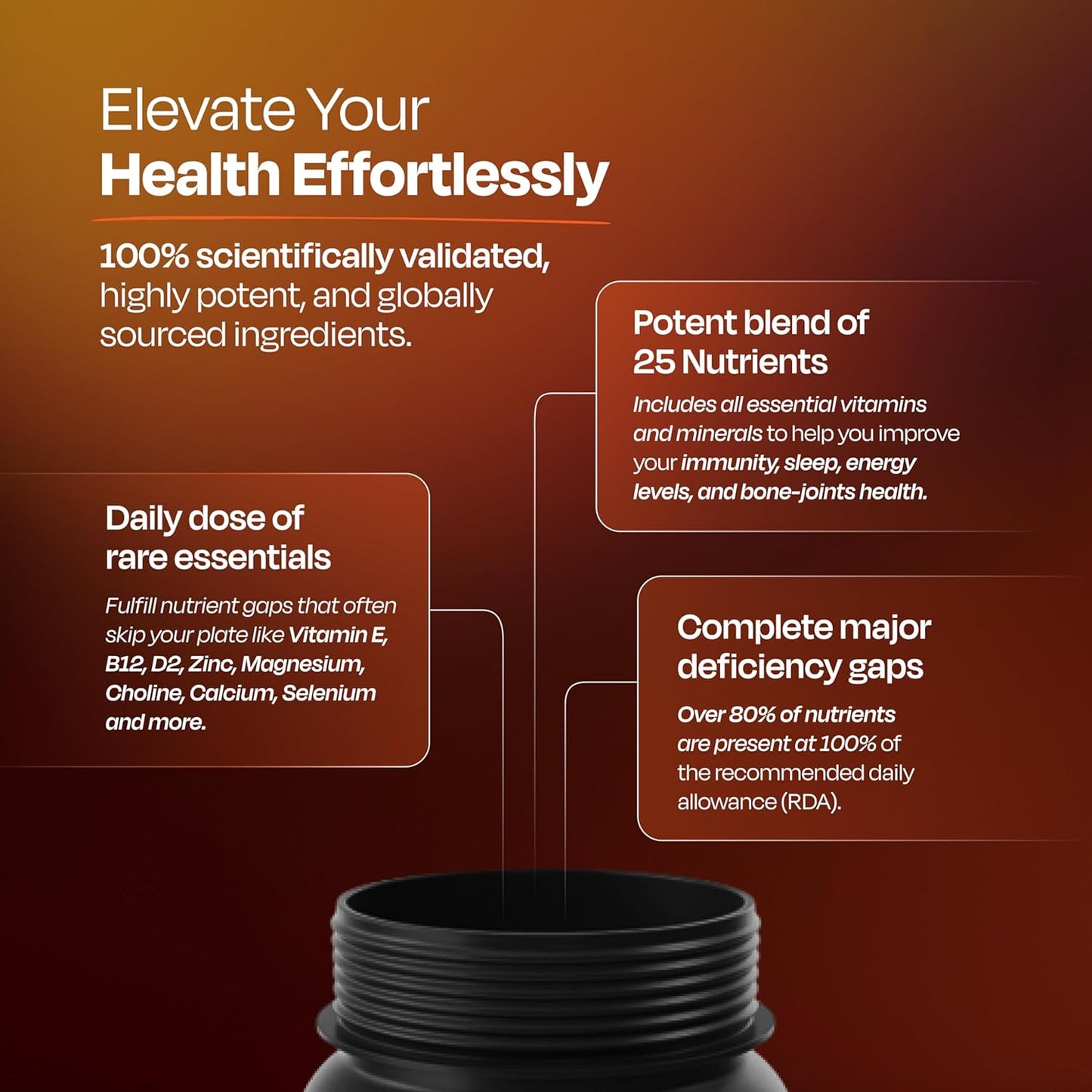 Product packaging with health benefits text on a dark background