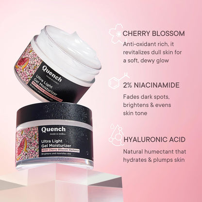 QUENCH BOTANICS Mon Ultra Light Moisturizing Gel with 2% Niacinamide, Nourishes & Adds a Radiant Glow with Cherry Blossom, Grapefruit, Pearl & Moringa Seed Oil, White, 50 ml