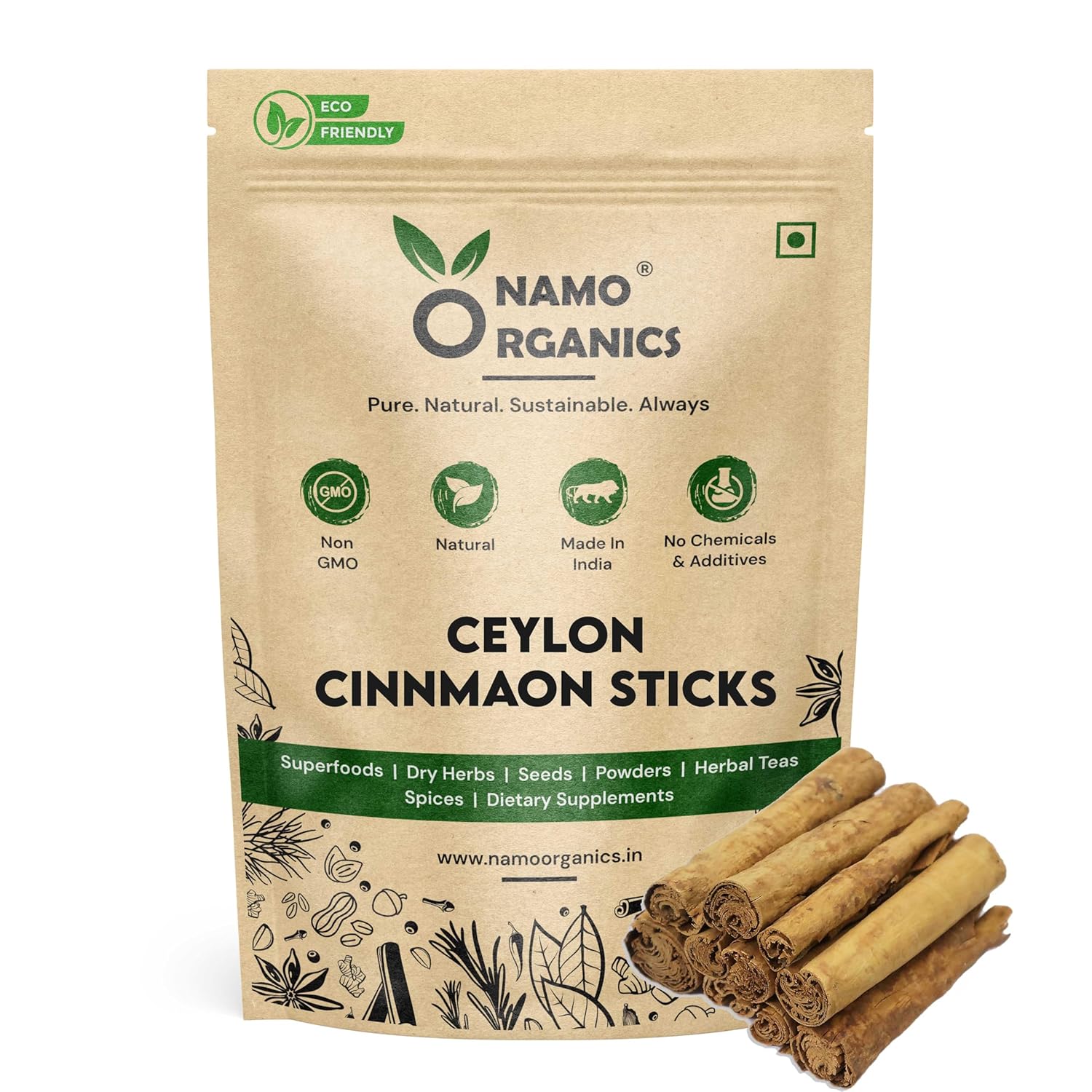 Namo Organics Ceylon Cinnamon Sticks packaging on a white background