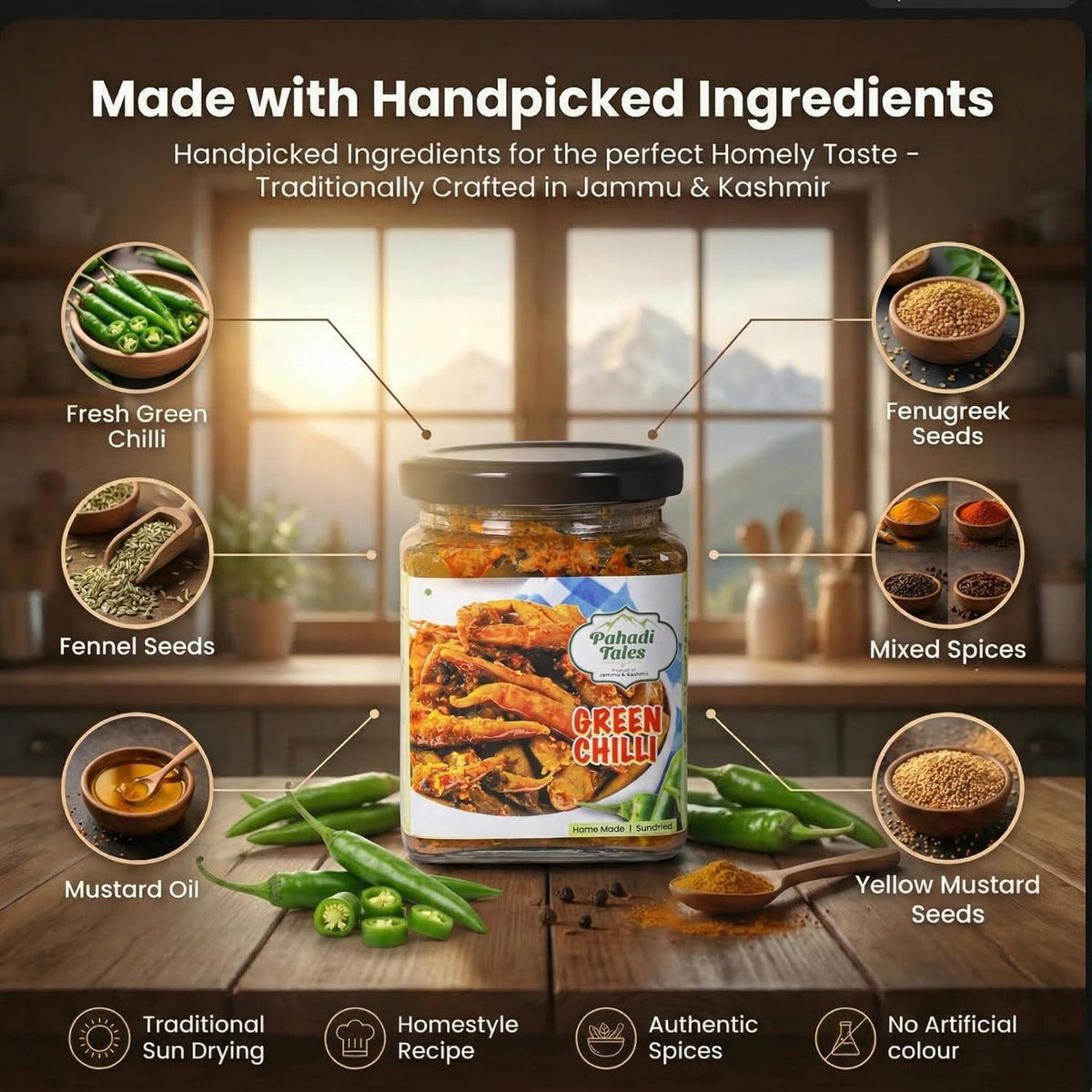 Pahadi Tales Green Chilli Pickle 200g | Hari Mirch ka Achar in Mustard Oil | Spicy Sundried Homemade Pahadi Achaar | Mirchi Pickle | Ghar Ka Achar | Made in Jammu & Kashmir