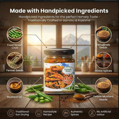Pahadi Tales Green Chilli Pickle 200g | Hari Mirch ka Achar in Mustard Oil | Spicy Sundried Homemade Pahadi Achaar | Mirchi Pickle | Ghar Ka Achar | Made in Jammu & Kashmir