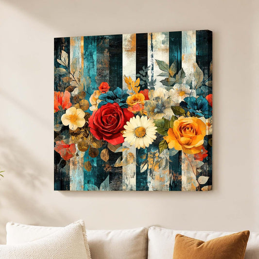 Vintage Floral Roses Stretched Canvas Painting for Living Room | Botanical Flower Artwork Wall Décor Art For Livingroom, Bedroom, Office, Hallways - 22x22 Inch