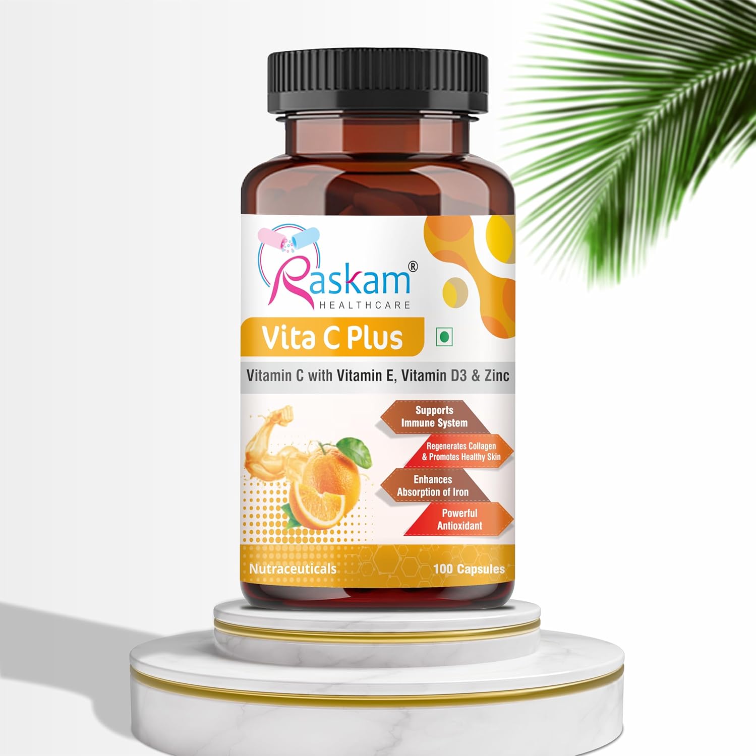 Bottle of Raskam Vita C Plus supplement on a white background with a palm leaf.