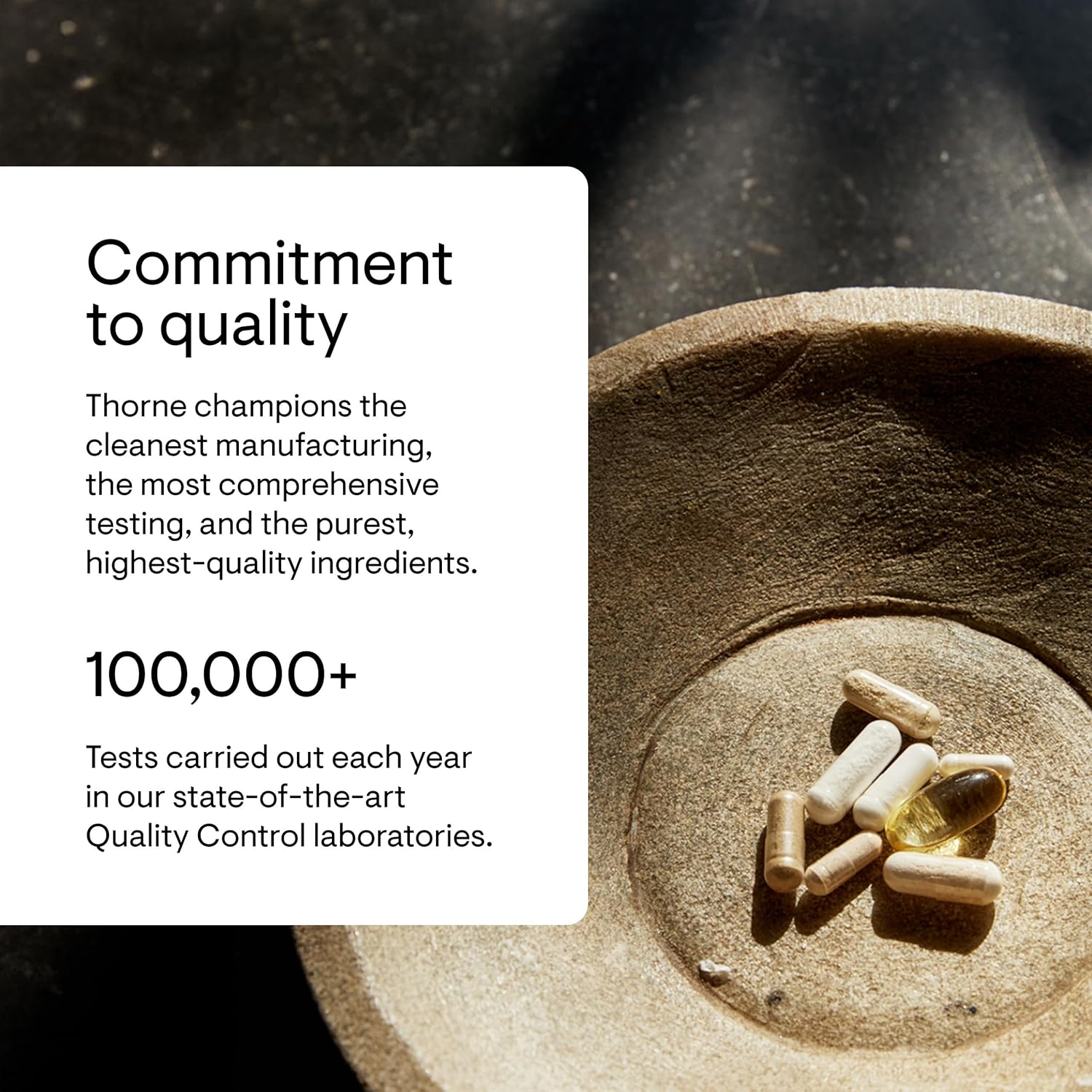 Pills on a stone surface with text about Thorne's commitment to quality and testing.