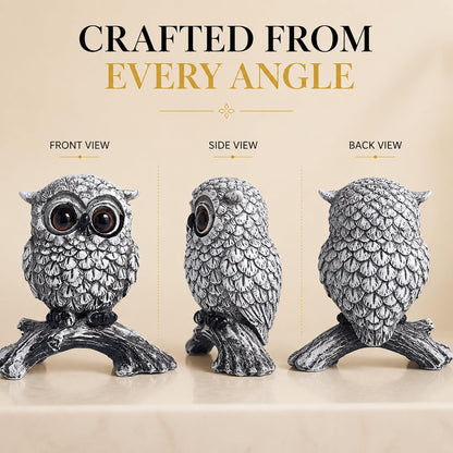 White Owl Figurine on Natural Wood-Look Log, Black & White Owl Statue for Home Office Desk Decor (Small)