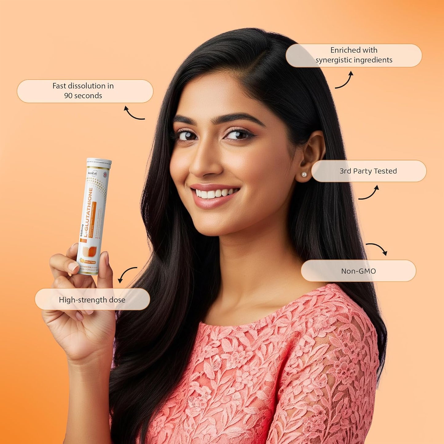 Nutricult L-Glutathione 550mg - 20 Effervescent Tablets Glutathione Effervescent Tablets for Glowing Skin with Hyaluronic Acid Vitamin C & Vitamin E | Skin Glow Supplement For Clear Skin | Orange