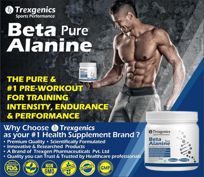 Advertisement for Trexegenics Beta Pure Alanine supplement with a muscular man holding the product.