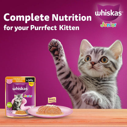 Whiskas Junior Kitten (2-12 Months) Wet Cat Food, Chicken with Salmon in Jelly, 80 g, Hydrating Food Made with Real Fish, 100% Complete & Balanced Nutrition for Kittens