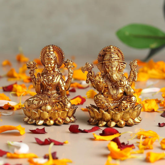 Brass Lakshmi Ganesh Idol Set for Pooja Room | Pure Brass Lakshmi Ganesh Murti for Home | Decorative Statue for Mandir (Design03: L3 x W3 x H5 cm)
