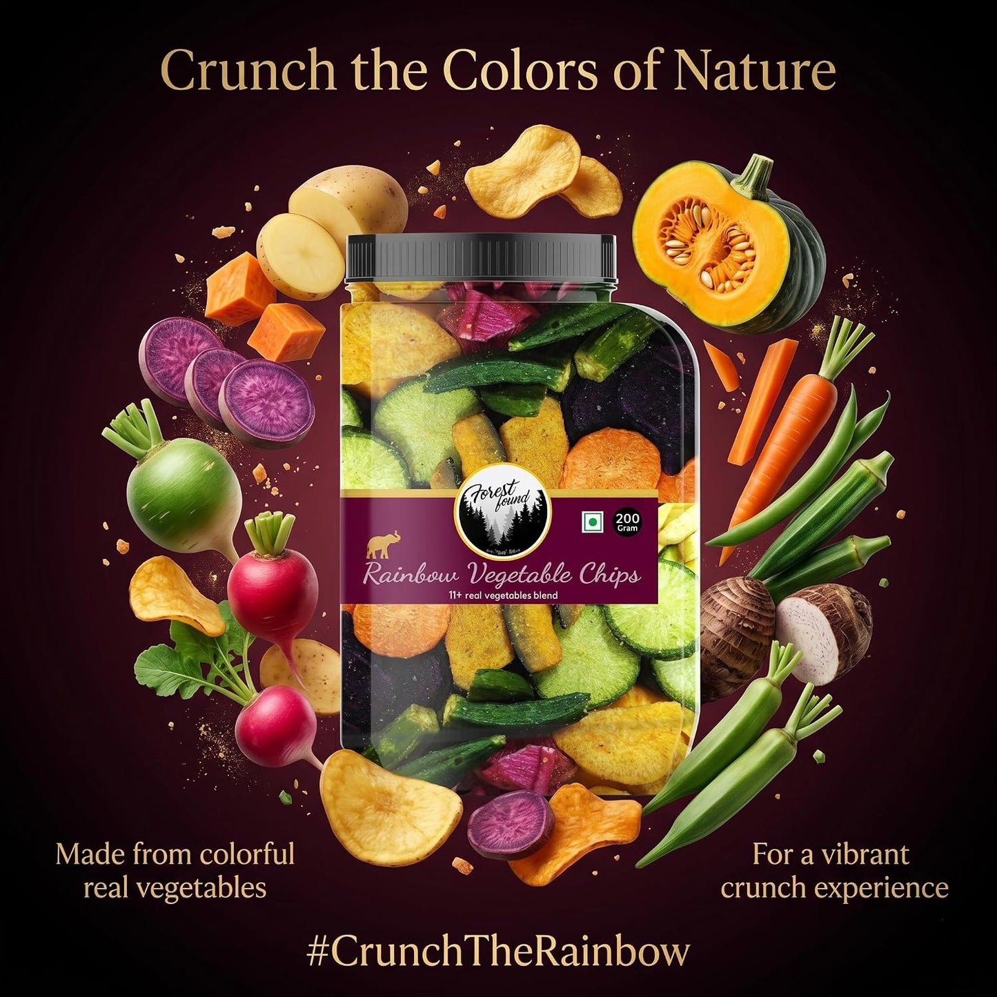 Forest Found Rainbow Vegetable Chips 200 gm | 11+ Exotic Blend | Made with Real Veggies, Light & Crispy Healthy Snack | No Palm Oil, Gluten-Free | Crunchy Crisps| 11 Mix Veggie (Pack-200g)