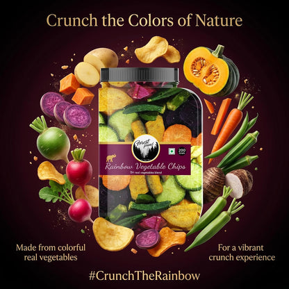 Forest Found Rainbow Vegetable Chips 200 gm | 11+ Exotic Blend | Made with Real Veggies, Light & Crispy Healthy Snack | No Palm Oil, Gluten-Free | Crunchy Crisps| 11 Mix Veggie (Pack-200g)
