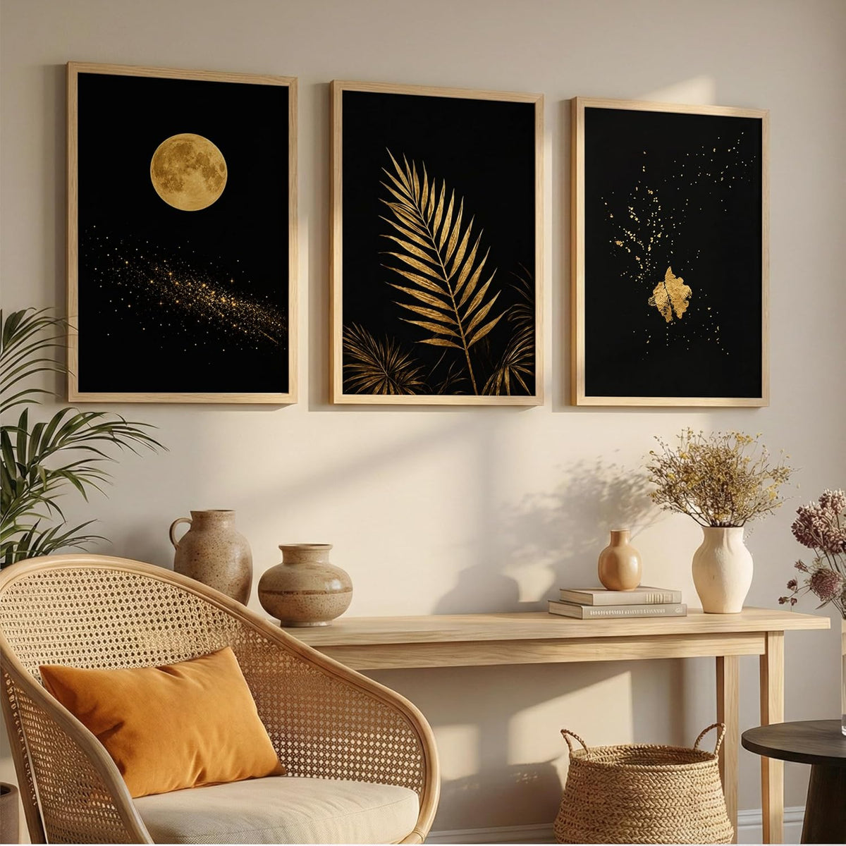 Set of 3 Moon & Golden Palm Leaf Wall Art Paintings for Living Room | Modern Luxury Black Gold Wall Decor | Framed Wall Paintings for Bedroom, Hall, Office & Home Decoration (13x19 Inches)