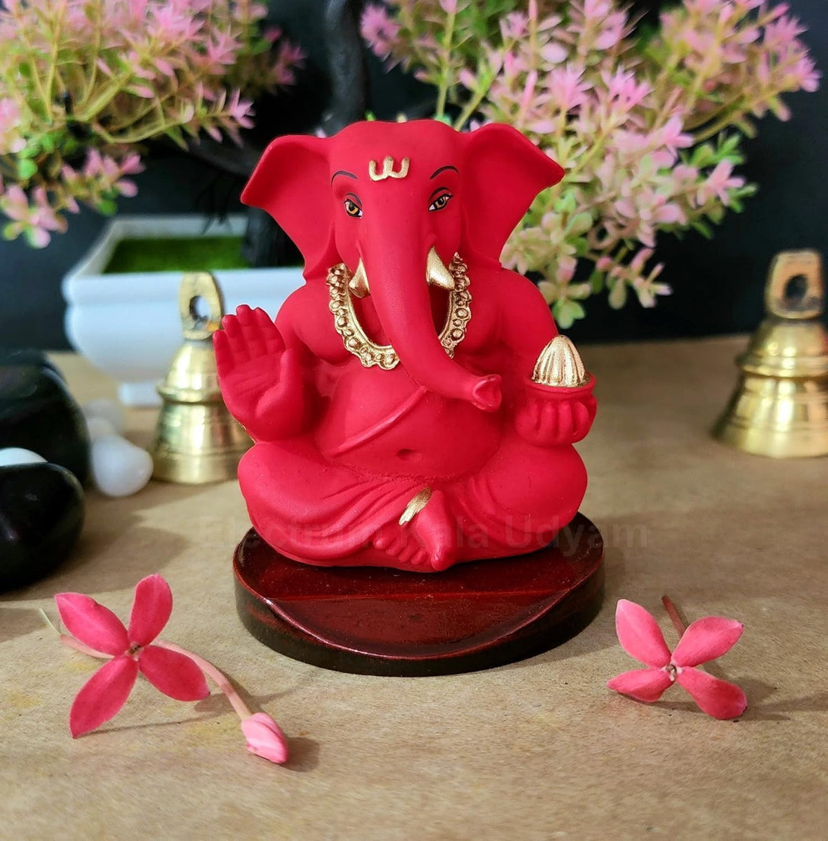 Handcrafted Poly Resin Ganesha Statue with Base - Perfect for Car Dashboard, Office Desk, Shelves, and Home Decor - Ideal Housewarming Gift! (RedAppuwithbase)