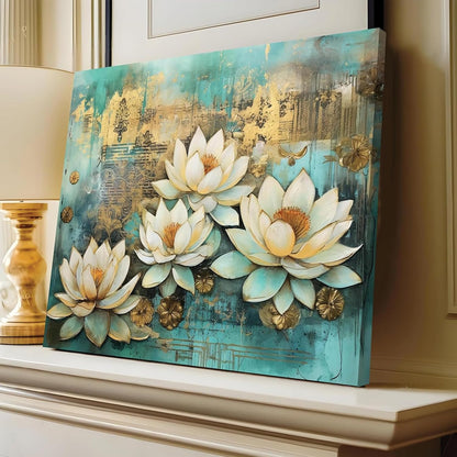 White Lotus Flower Canvas Wall Art Painting for wall decoration, Lotus floral Stretched Canvas Painting for living room, bedroom, Home and Office, 16x22 Inch
