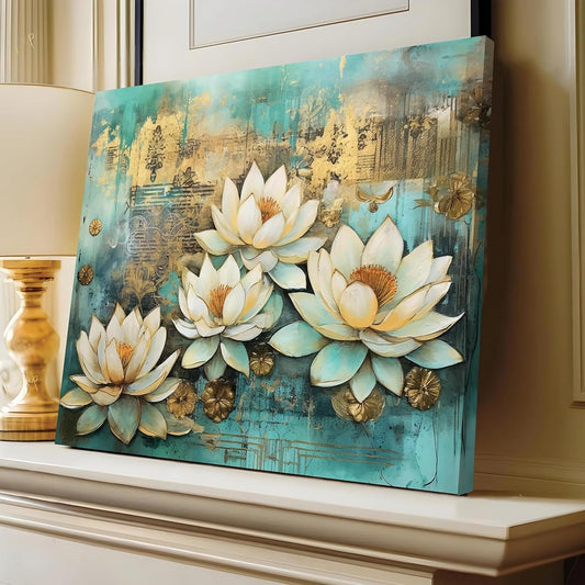 White Lotus Flower Canvas Wall Art Painting for wall decoration, Lotus floral Stretched Canvas Big size Painting for living room, bedroom, Home and Office, 22x34 Inch