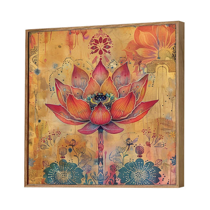 Floral Vastu Lotus Framed Canvas Wall Art Painting for Living Room | Bohemian Botanical Artwork Painting with Frame | Modern Decorative Wall Décor for Home, Bedroom & Office, 23x23 Inch