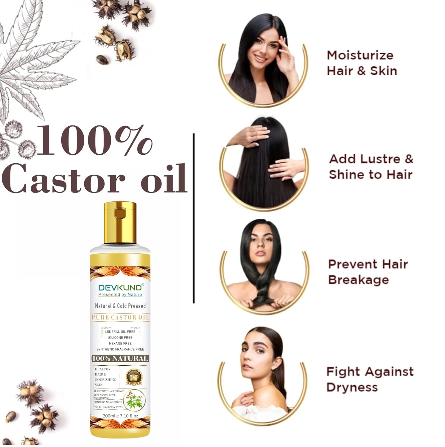 Devun 100% Castor oil bottle with benefits on a white background