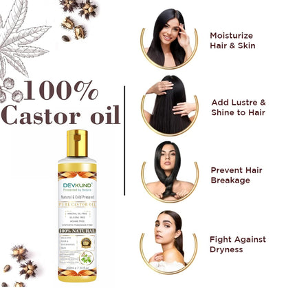 Devun 100% Castor oil bottle with benefits on a white background