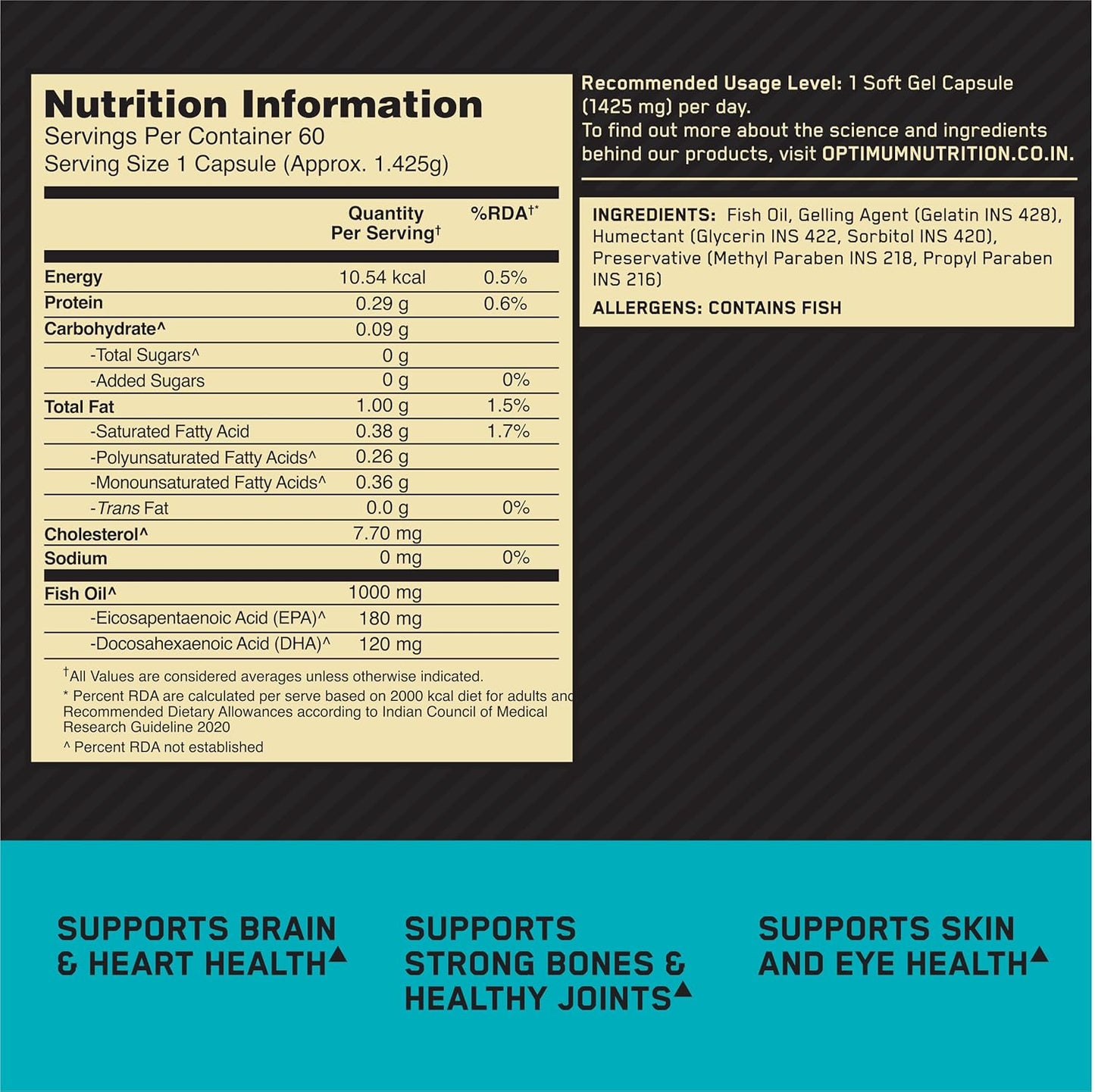Optimum Nutrition (ON) Fish Oil - 60 Capsules, 300mg EPA/DHA Omega -3 Fatty Acids for Strong Bones-Healthy Joints, Brain, Heart, Skin & Eye Health