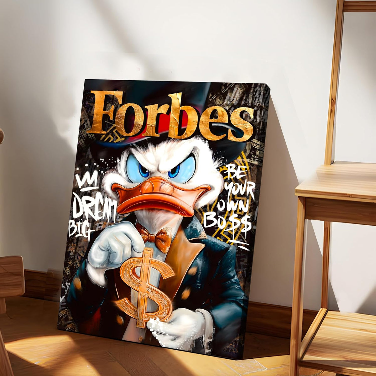 Luxury Cartoon Duck Pop Art Canvas Wall Art Painting For Living Room | Money Motivation Street Art Wall Art Painting | Modern Success-Themed Artwork for Home & Office, 41x56 cm