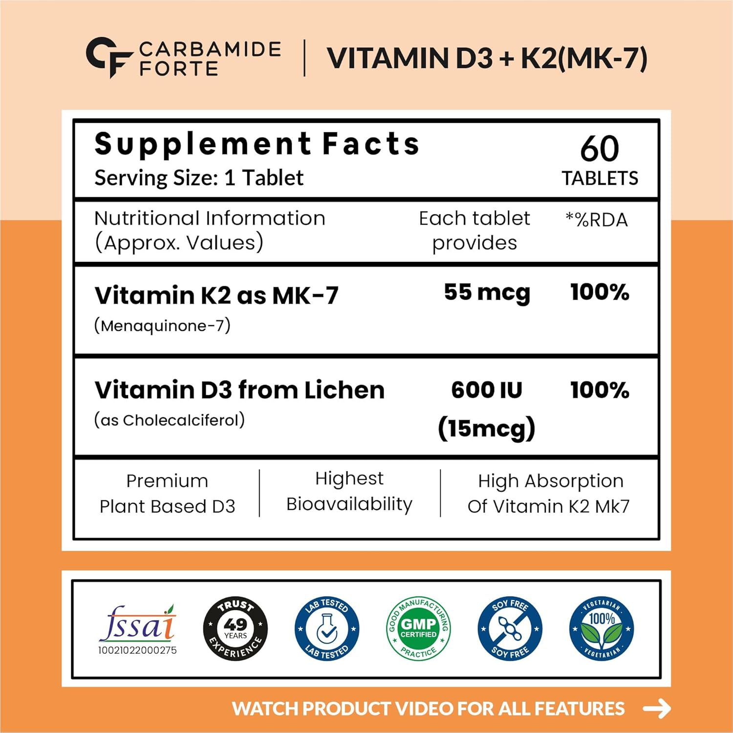 Supplement label for Vitamin D3 + K2(MK-7) by Carbamide Forte with nutritional information and branding on an orange background.