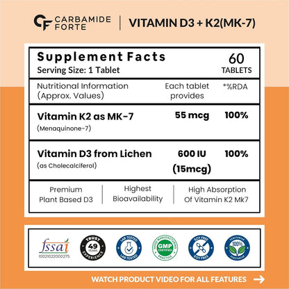 Supplement label for Vitamin D3 + K2(MK-7) by Carbamide Forte with nutritional information and branding on an orange background.