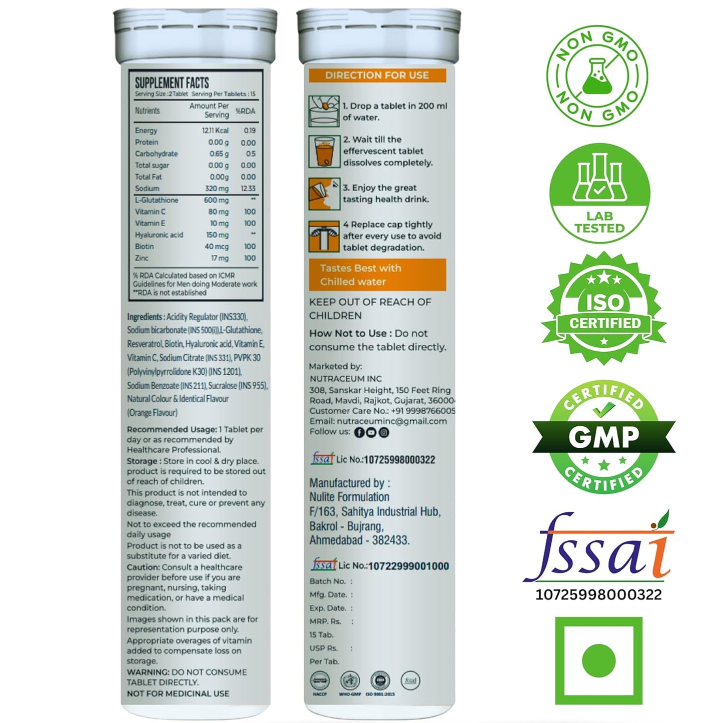 Nutrasium | 600 mg L-Glutathione tablets for Radiant Skin & Even Skin Tone | Glutathione Tablets For Skin Glow & Antipigmentation | 15 Effervescent Tablets, Orange Flavour
