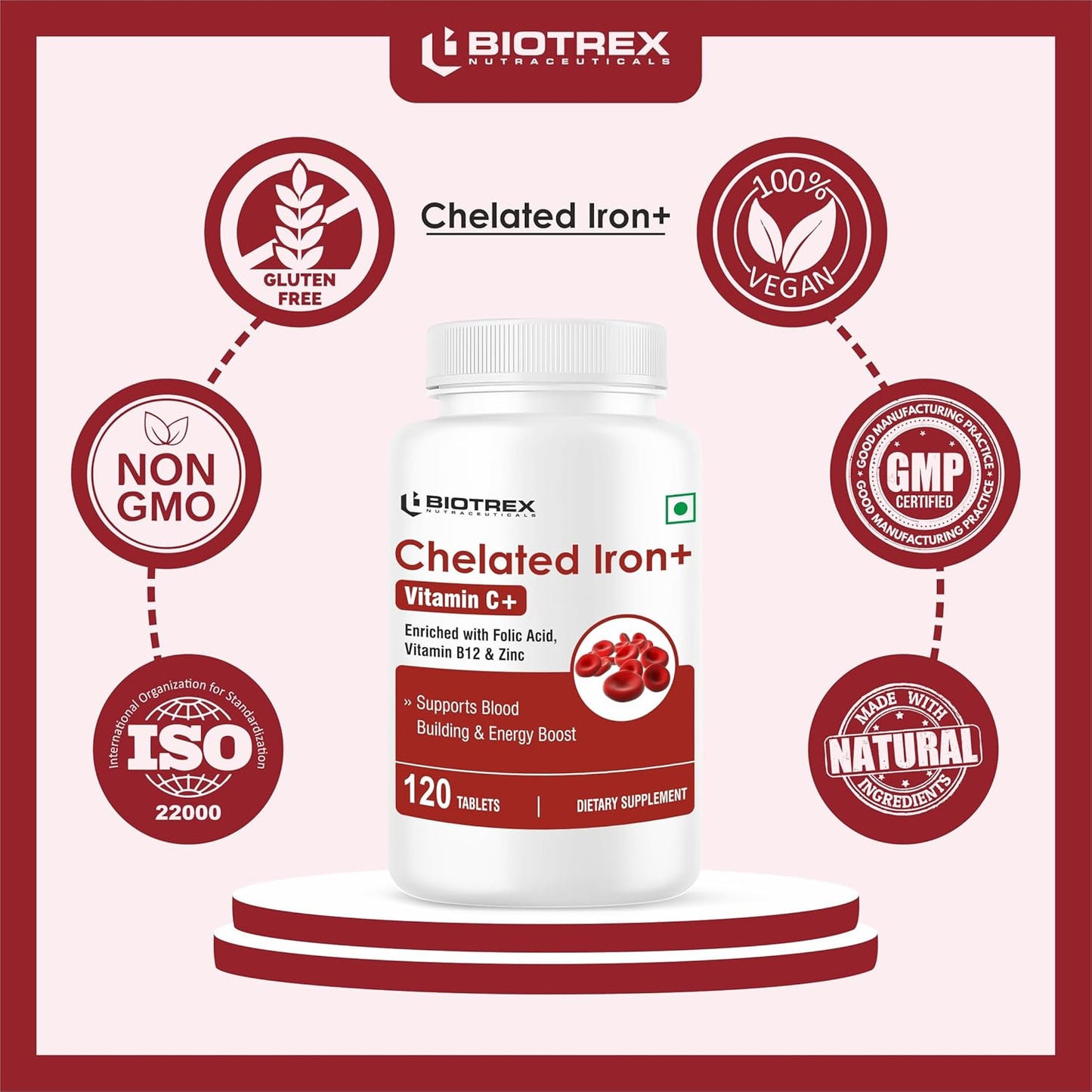 Biotrex Nutraceuticals Chelated Iron + Vitamin C, B12, Folic Acid & Zinc, Boost Hemoglobin Levels & Improves Concentration Levels, Energy & Blood Building - 120 Vegetarian Tablets