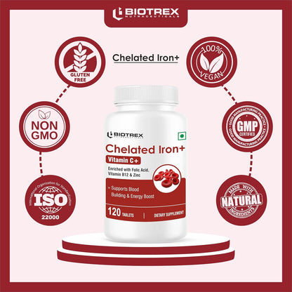 Biotrex Nutraceuticals Chelated Iron + Vitamin C, B12, Folic Acid & Zinc, Boost Hemoglobin Levels & Improves Concentration Levels, Energy & Blood Building - 120 Vegetarian Tablets