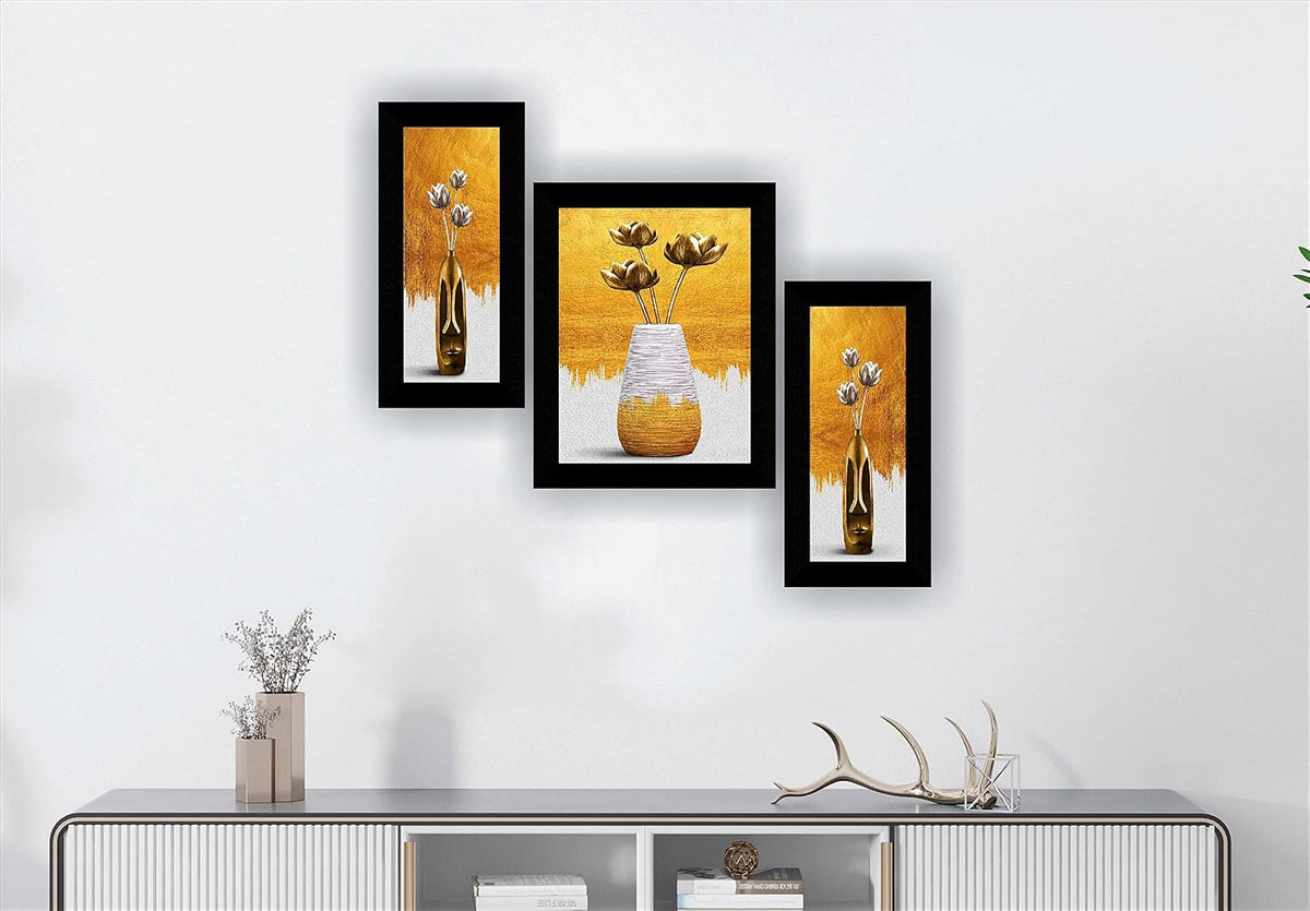 Set of 3 flower modern art UV textured Wall Painting with Frame for Home decoration 13.5 inch x 22.5 inch SANFS32582