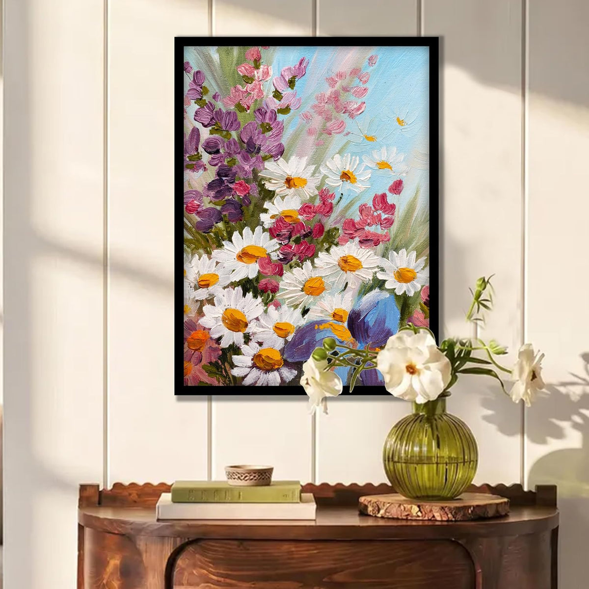 White Sunflowers Floral Framed Wall Art Painting for wall decoration, Multicolour MultiFlowers Painting with frame for living room, bedroom, Home and Office, 9x13 Inch