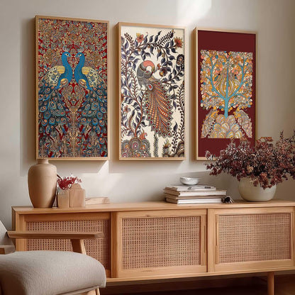 Indian Traditional Art Wall Painting Madhubani Home Decoration With Frame For Living Room Bed Room Hotel Wall Decor Digital Reprint Engineered Wood Set of 3 (Art 11, 10x19 inch)