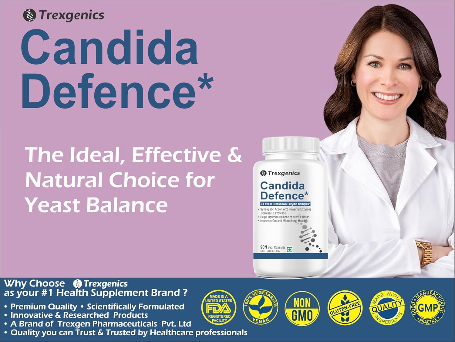 Trexgenics Candida Defence supplement with a woman in a lab coat on a purple background