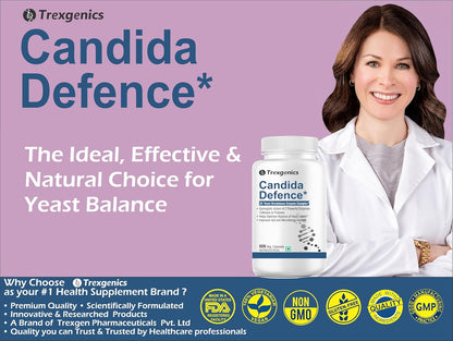 Trexgenics Candida Defence supplement with a woman in a lab coat on a purple background